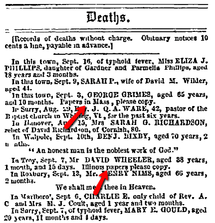 death notices, New Hampshire Sentinel newspaper article 21 September 1865