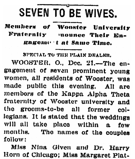 an article about women at Wooster University engaged to be married, Plain Dealer newspaper article 22 December 1906