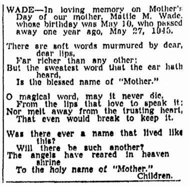 memorial for Mattie Wade, Richmond Times Dispatch newspaper article 12 May 1946