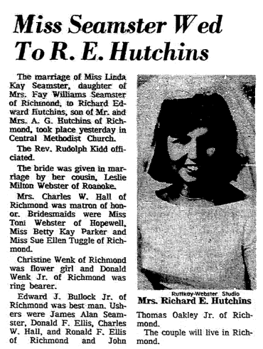 wedding notice for Linda Seamster and Richard Hutchins, Richmond Times Dispatch newspaper article 4 September 1966