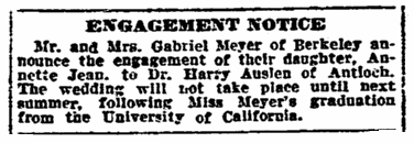 engagement notice for Annette Meyer and Harry Auslen, San Francisco Chronicle newspaper article 24 December 1919