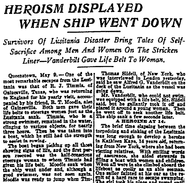 article about Robert James Timmis, and Germany sinking the passenger ship Lusitania, Sun newspaper article 10 May 1915