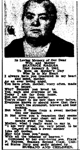 memorial to Beatrice Ragusa, Times-Picayune newspaper article 14 May 1944