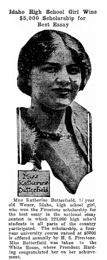 article about Katherine Butterfield, Twin Falls Daily News newspaper article 28 April 1921