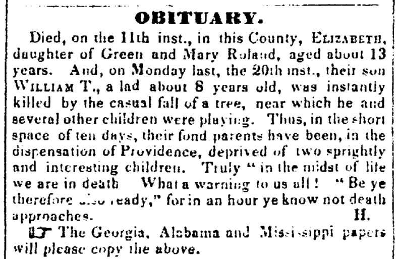 death notices for the Roland family, Weekly Arkansas Gazette newspaper article 27 April 1846