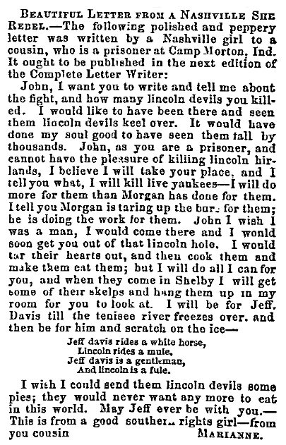 a letter written by a Confederate woman during the Civil War, Weekly Wisconsin Patriot newspaper article 24 May 1862