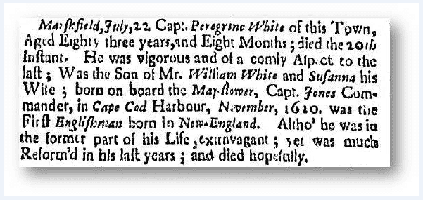 Obituary for Peregrine White, Boston Newsletter newspaper article July 24-31 1704