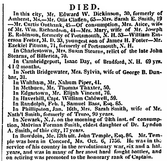 Obituaries, Boston Recorder newspaper article 4 February 1842