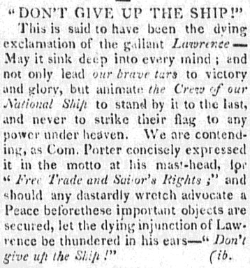 An article about the War of 1812 naval battle between USS Chesapeake and HMS Shannon, Columbian Register newspaper article 13 July 1813