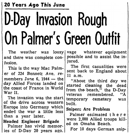 D-Day veteran Mac Palmer's account of the fighting, Daily Nonpareil newspaper article 24 May 1964