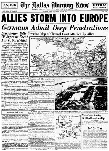 front page announcing D-Day, Dallas Morning News newspaper article 6 June 1944