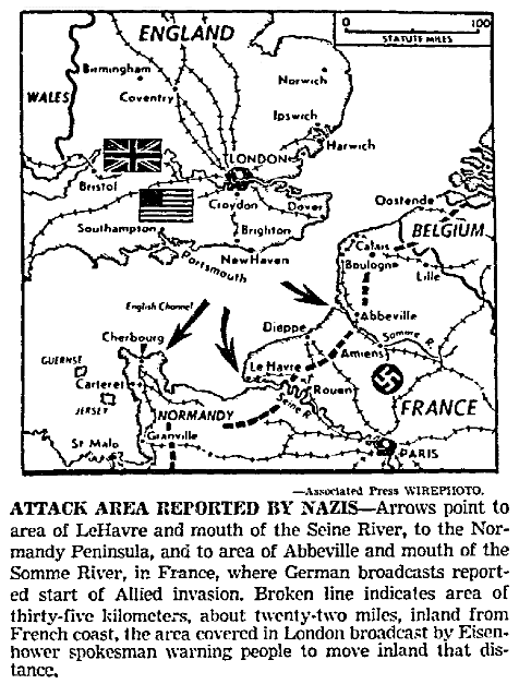 A map of the D-Day invasion of Normandy, France, Dallas Morning News newspaper article 6 June 1944