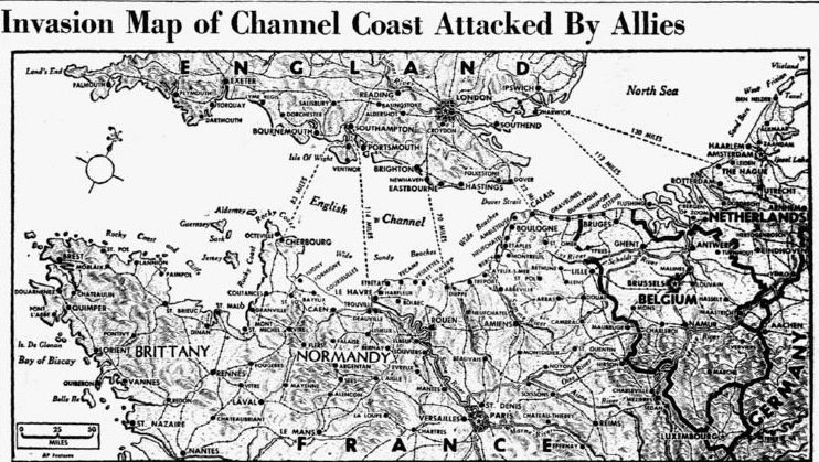 A map of the D-Day invasion of Normandy, France, Dallas Morning News newspaper article 6 June 1944