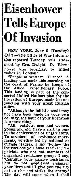 A message from General Eisenhower on D-Day, Dallas Morning News newspaper article 6 June 1944