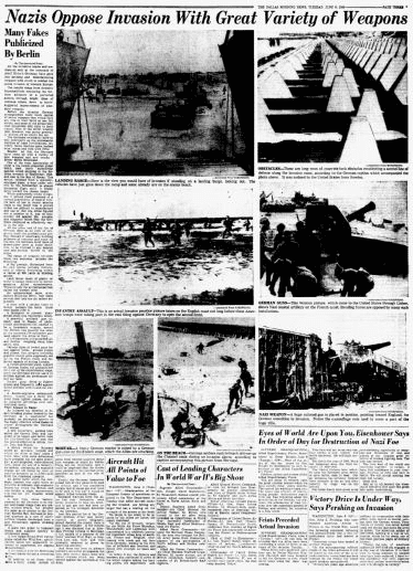 Photos of D-Day showing German weapons, Dallas Morning News newspaper article 6 June 1944