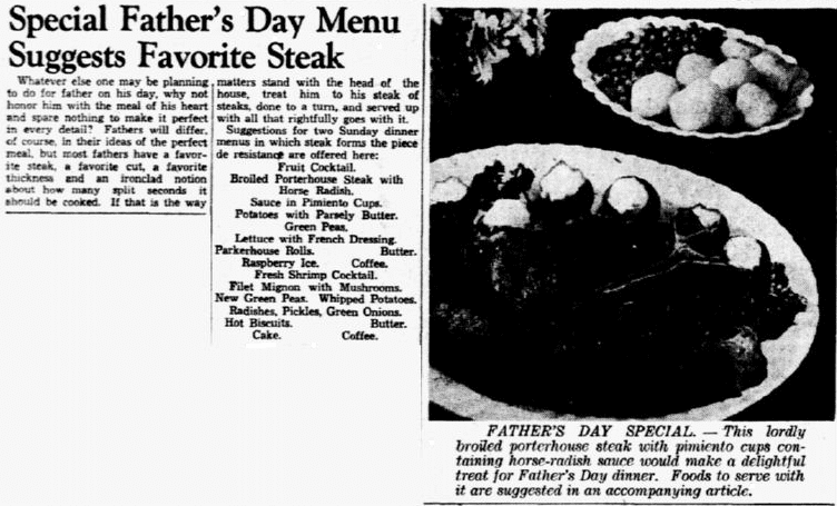 A Father's Day menu, Dallas Morning News newspaper article 14 June 1940