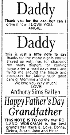 Father's Day personal ads, Evening Star newspaper advertisements 21 June 1981