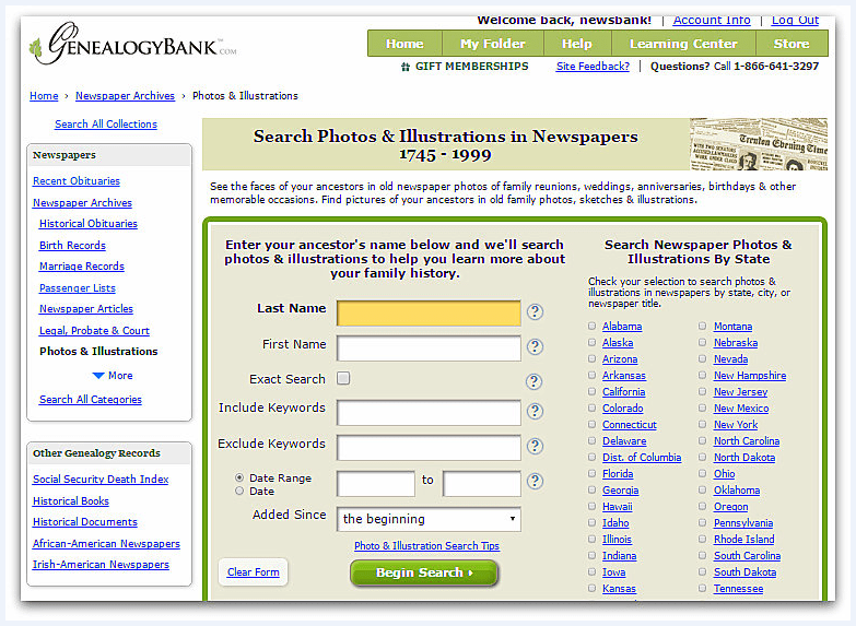 Screenshot of GenealogyBank's search page for photographs and illustrations
