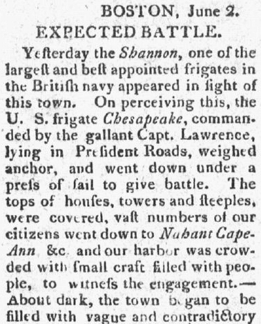 An article about the War of 1812 naval battle between USS Chesapeake and HMS Shannon, Green-Mountain Farmer newspaper article 8 June 1813