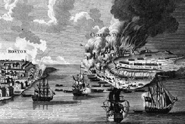 Engraving: "View of the Attack on Bunker's Hill with the Burning of Charlestown," engraving by Lodge after the drawing by Millar, 1783. Credit: American Antiquarian Society; Wikimedia Commons.