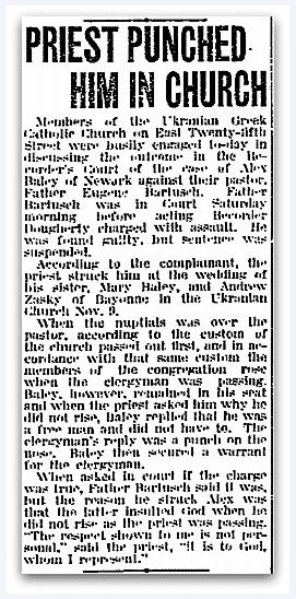 An article about a priest punching a guest during a wedding, Jersey Journal newspaper article 19 November 1918