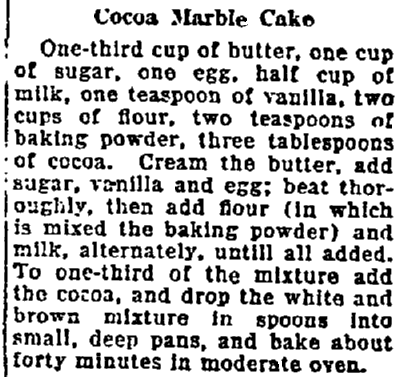 A cocoa marble cake recipe, Lexington Herald newspaper article 22 August 1922
