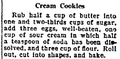A cream cookies recipe, Lexington Herald newspaper article 22 August 1922