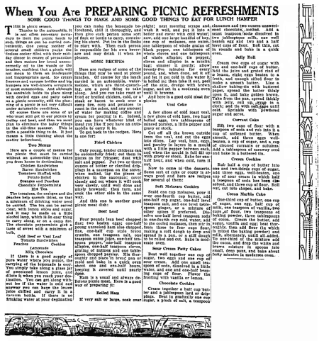 An article about picnics, with recipes, Lexington Herald newspaper article 22 August 1922