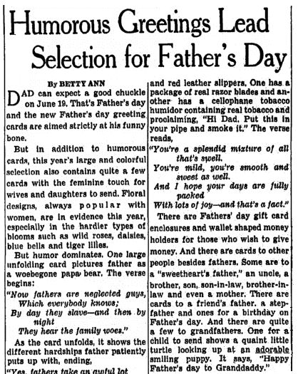Poems from Father's Day greeting cards, Milwaukee Journal-Sentinel newspaper article 10 June 1949
