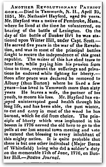 Obituary for Nathaniel Hayford, New Hampshire Patriot newspaper article 8 May 1851