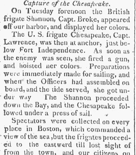 An article about the War of 1812 naval battle between USS Chesapeake and HMS Shannon, Newport Mercury newspaper article 5 June 1813
