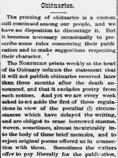 Guidelines for publishing an obituary, Northern Christian Advocate newspaper article 5 February 1885