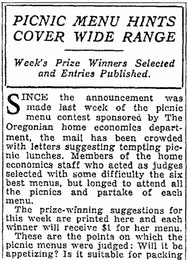 An article about a picnic menu contest, Oregonian newspaper article 30 July 1930