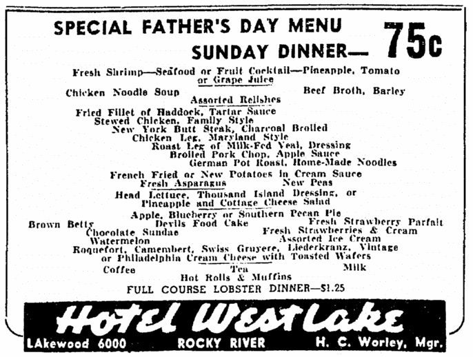 A Father's Day menu, Plain Dealer newspaper article 17 June 1939