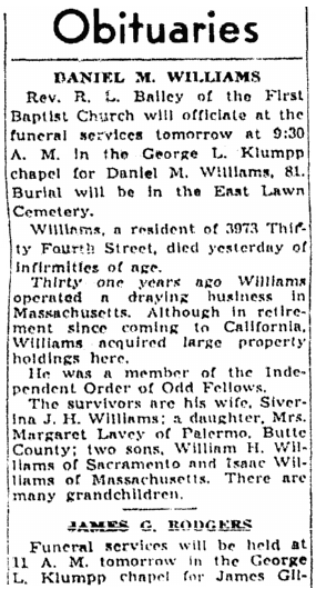 Obituaries, Sacramento Bee newspaper article 14 February 1940