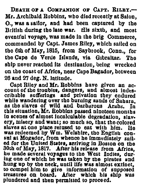 Obituary for Archibald Robbins, Salem Register newspaper article 9 February 1860