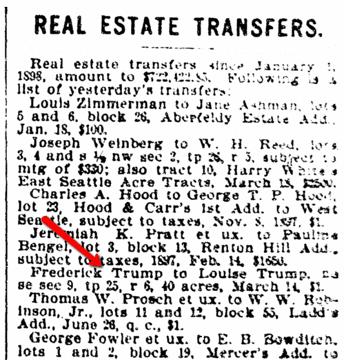 An article about Frederick Trump, Seattle Daily Times newspaper article 23 March 1898