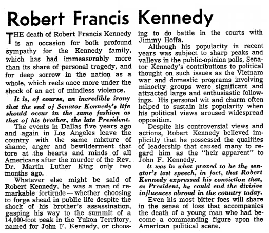 An editorial about the assassination of Robert F. Kennedy, Seattle Daily Times newspaper article 6 June 1968