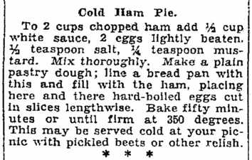 A recipe for a cold ham pie, Seattle Daily Times newspaper article 22 June 1928