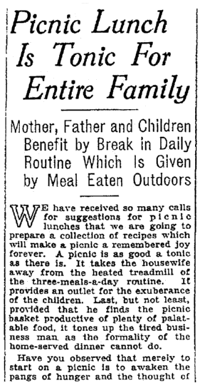 An article about picnics, Seattle Daily Times newspaper article 22 June 1928