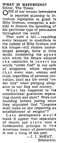 A letter-to-the-editor about the Pledge of Allegiance, Seattle Daily Times newspaper article 21 July 1954