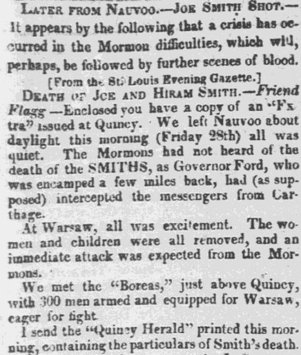 An article about the murder of Mormon leader Joseph Smith, Jr., Sun newspaper article 8 July 1844