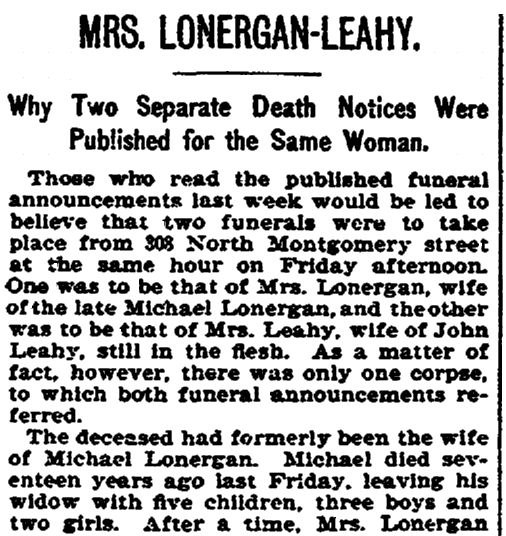 Death notice for Mrs. Longergan-Leahy, Trenton Evening Times newspaper article 18 April 1897