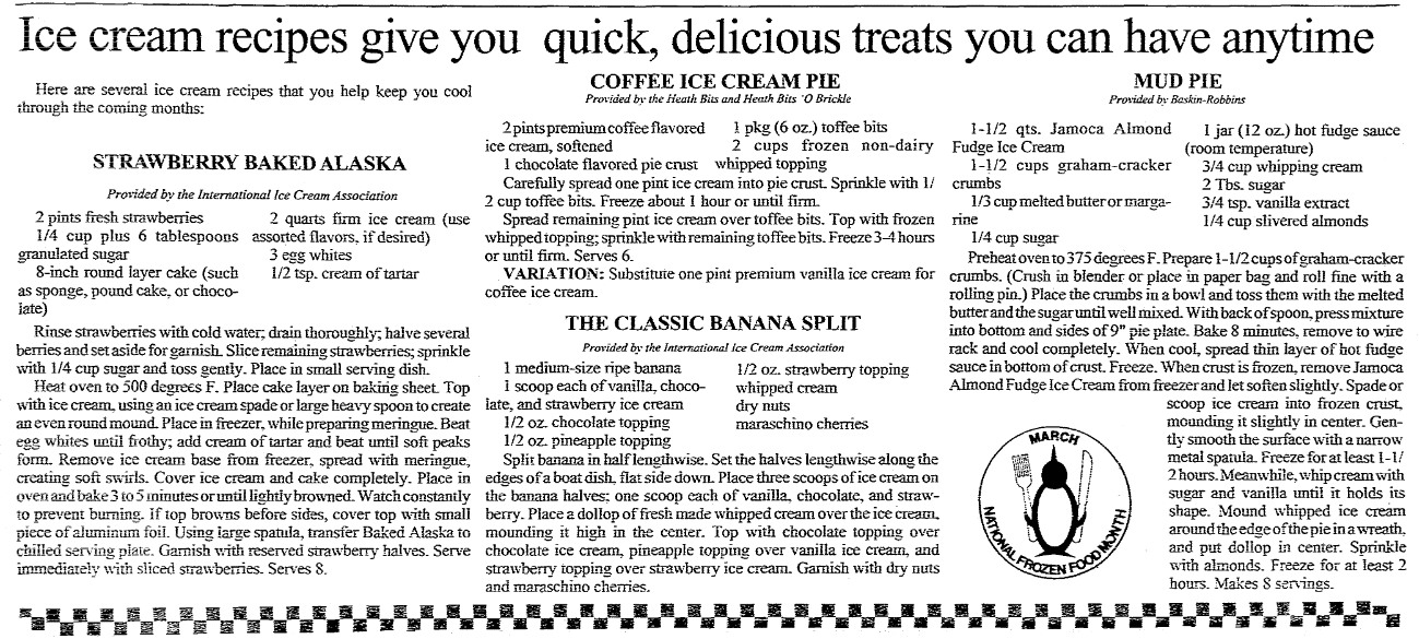 An article about ice cream recipes, Arkansas Democrat newspaper article 11 March 1992