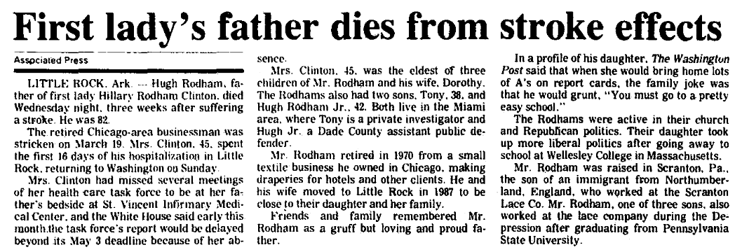 An obituary for Hugh Ellsworth Rodham, Augusta Chronicle newspaper article 8 April 1993