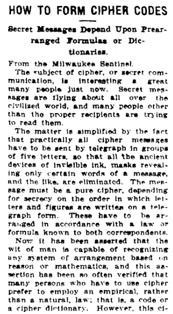 An article about coding messages, Colorado Springs Gazette newspaper article 31 January 1915
