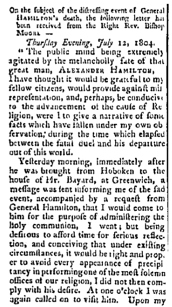An article about the death of Alexander Hamilton, Columbian Courier newspaper article 13 July 1804