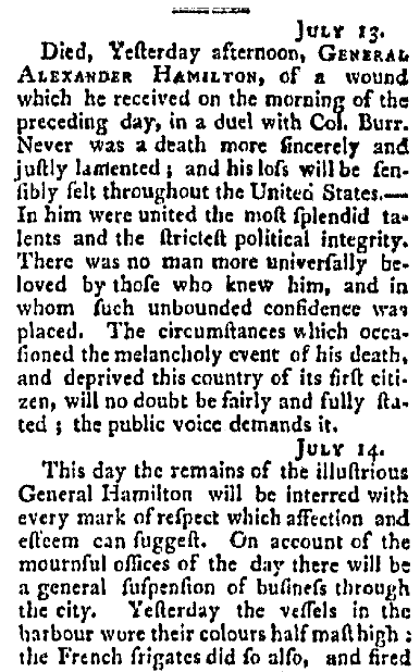 An obituary for Alexander Hamilton, Columbian Courier newspaper article 13 July 1804