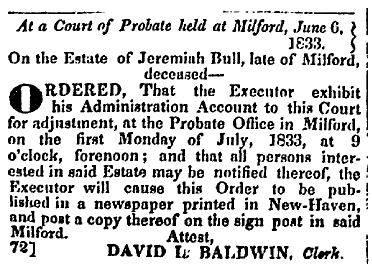 Probate notice for estate of Jeremiah Bull, Columbian Register newspaper article 22 June 1833