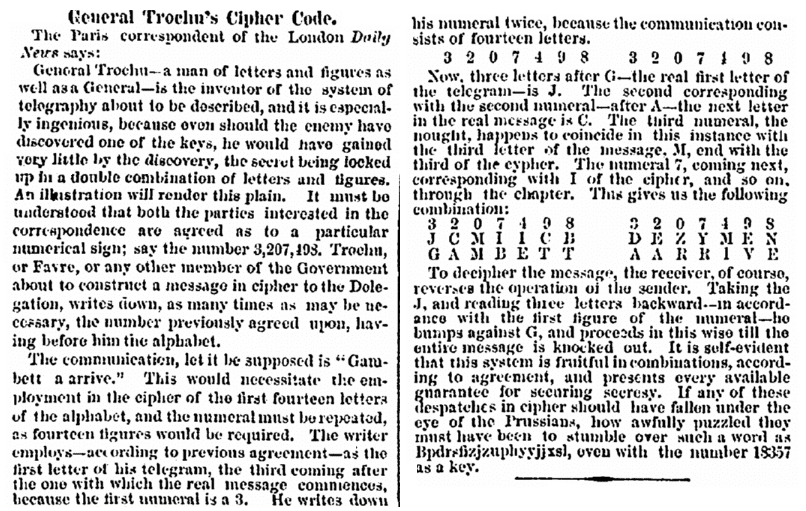 An article about a system of coding messages, based on a method devised by a Frenchman, General Trochu, Commercial Advertiser newspaper article 25 March 1871